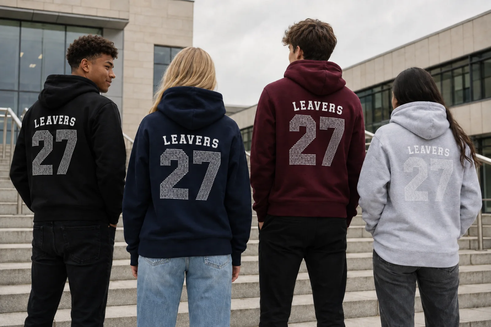 Four students wearing personalised leavers hoodies printed with graduation year 27